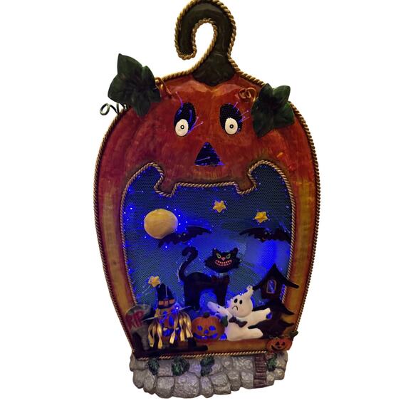 HALLOWEEN FIBER OPTIC PUMPKIN TUMB STONE GRAVE YARD W/GHOST CAT BATS PUMPKINS - Picture 1 of 12